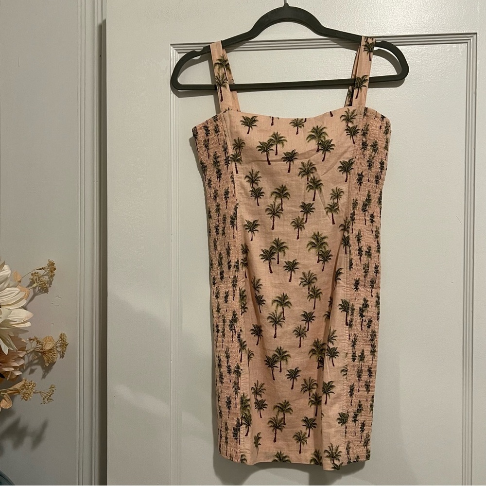 Robin K Tan Beige Palm Tree Novelty Print Mini Dress Size Medium NWT